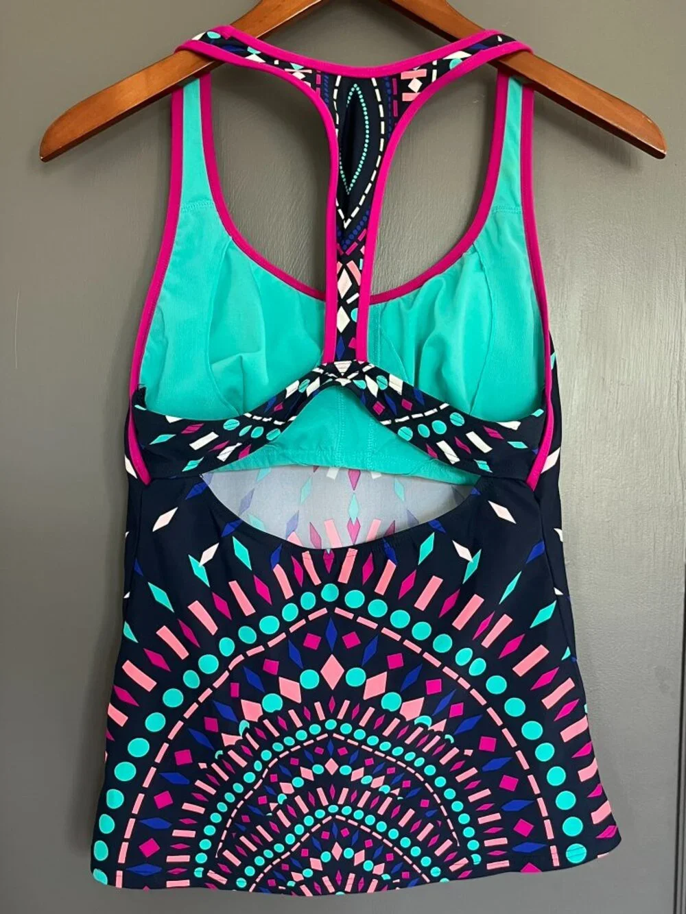 Title Nine Geometric Tankini Swim Top Size Medium M Navy Blue Pink Racerback